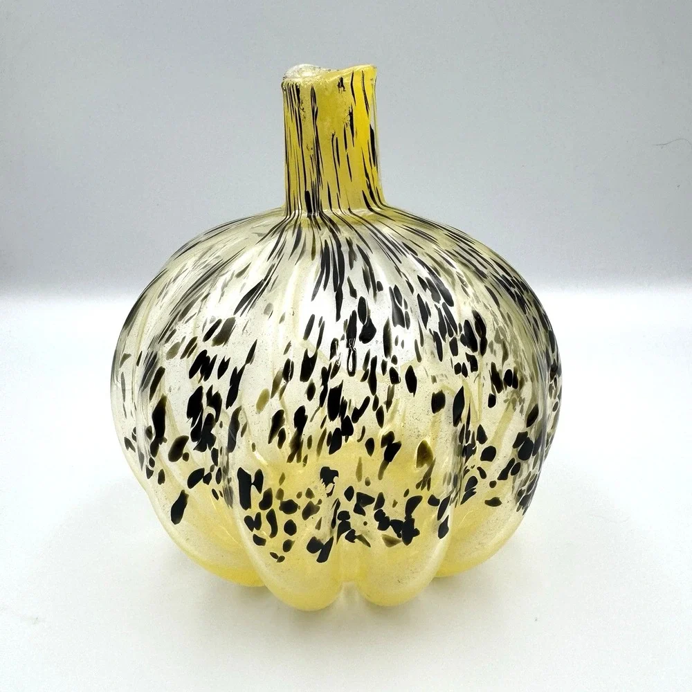 Handmade Polish Art Glass Candle Holder Yellow Black Spatter Pumpkin